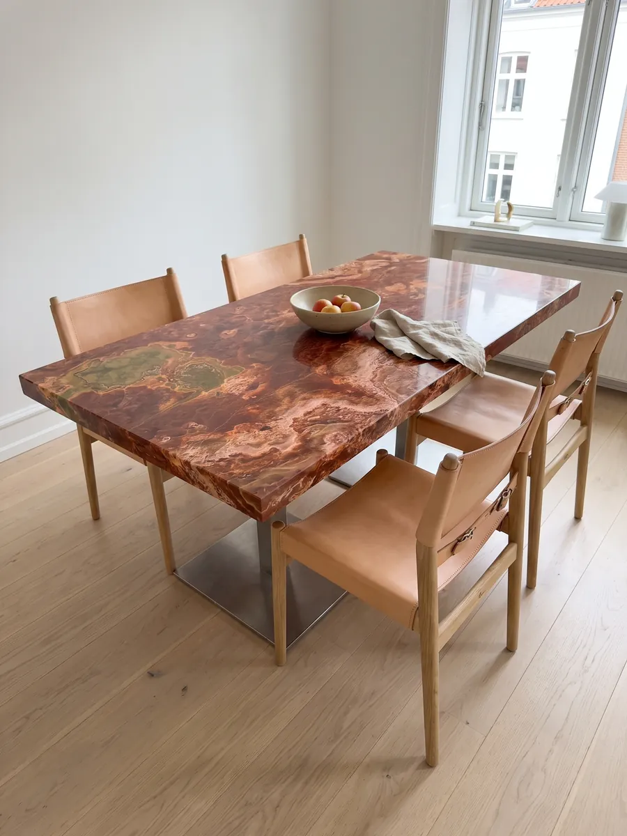 Mesa de comedor con cubierta de Ónix Rojo sobre base de acero: rojo óxido con manchas de relieve visual y una zona ocre verdosa