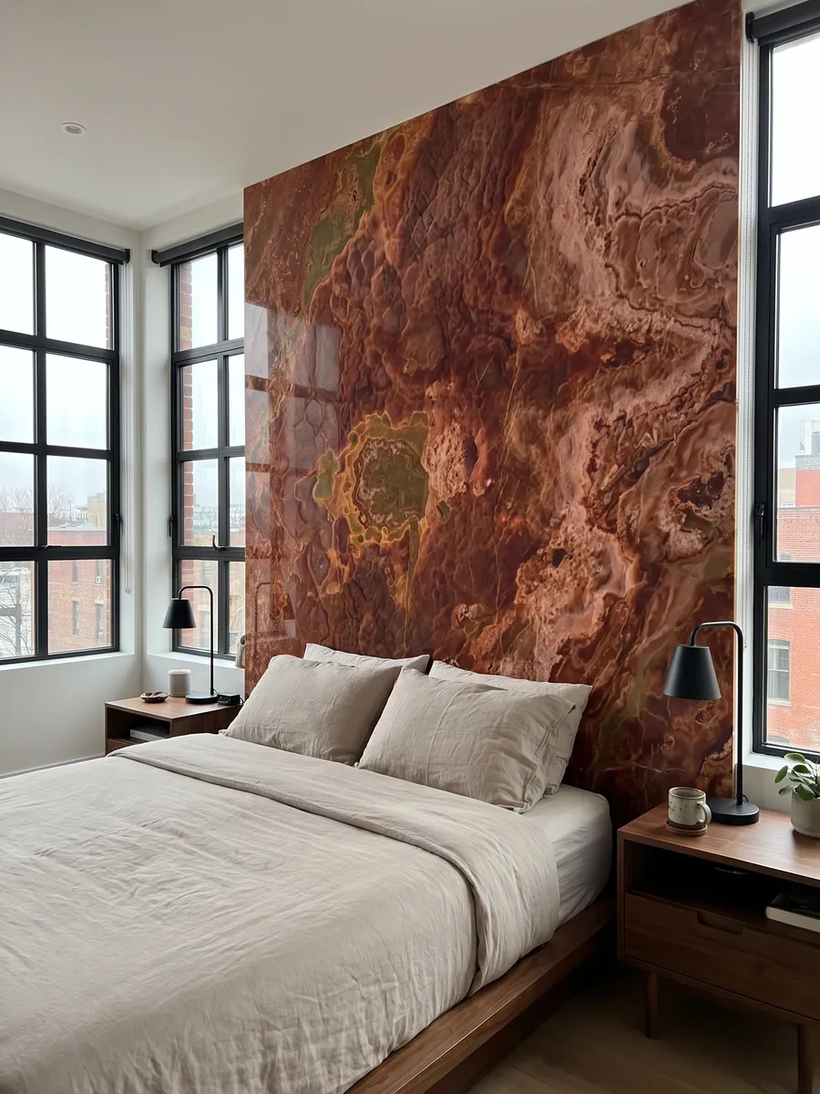 Pared de cabecera de dormitorio revestida con Ónix Rojo con mesitas de noche: rojo óxido con manchas de relieve visual y una zona ocre verdosa