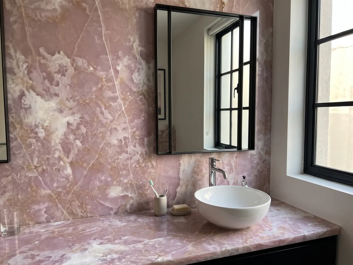 Cubierta de lavabo y pared de baño en Ónix Rosa con lavamanos blanco y grifería cromada: rosa lila con nubes blancas y líneas blancas finas que la cruzan