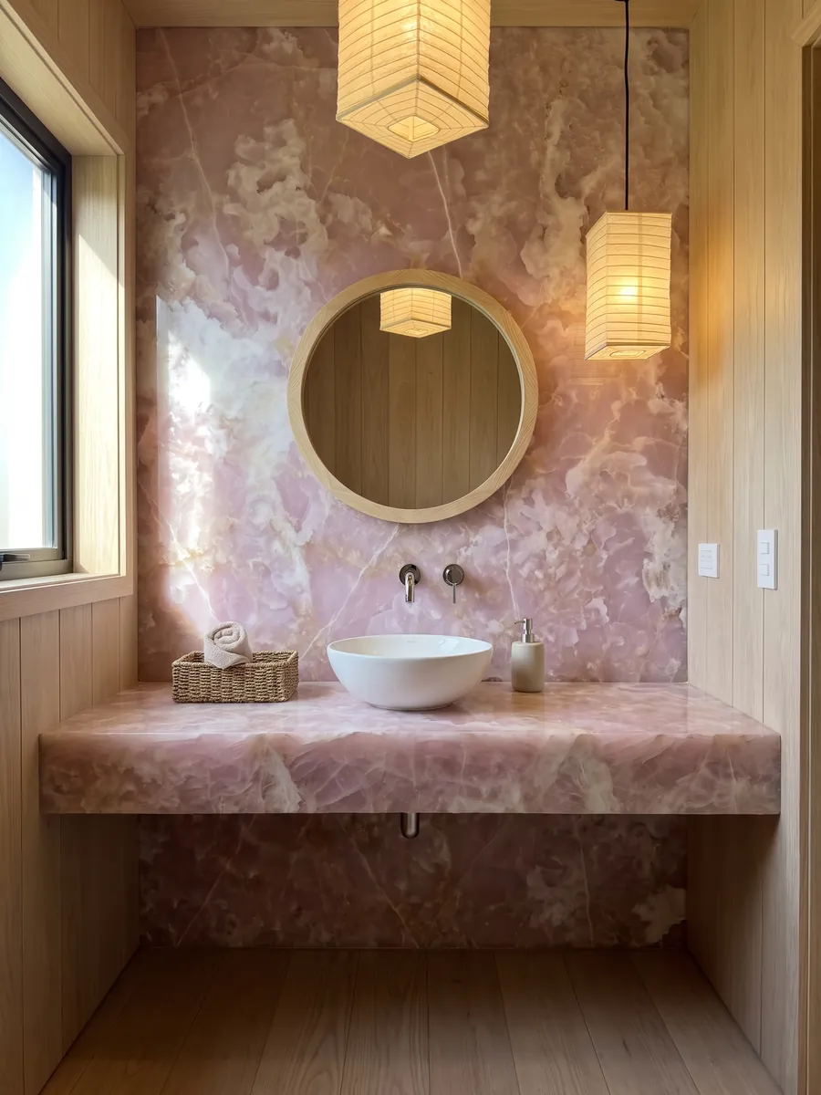 Baño de visitas con pared y cubierta flotante de Ónix Rosa con espejo redondo: rosa lila con nubes blancas y líneas blancas finas que la cruzan