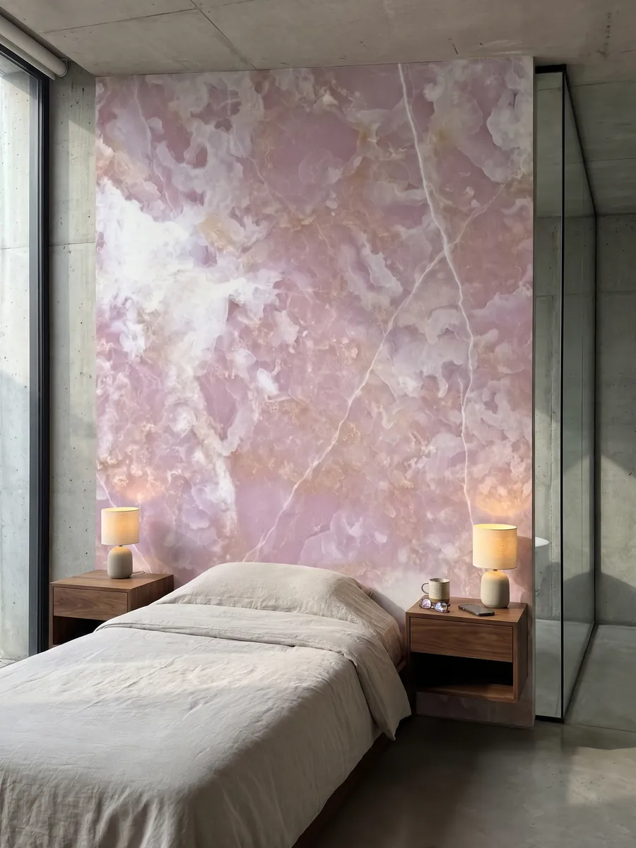 Pared de cabecera de dormitorio revestida con Ónix Rosa con mesitas de noche: rosa lila con nubes blancas y líneas blancas finas que la cruzan