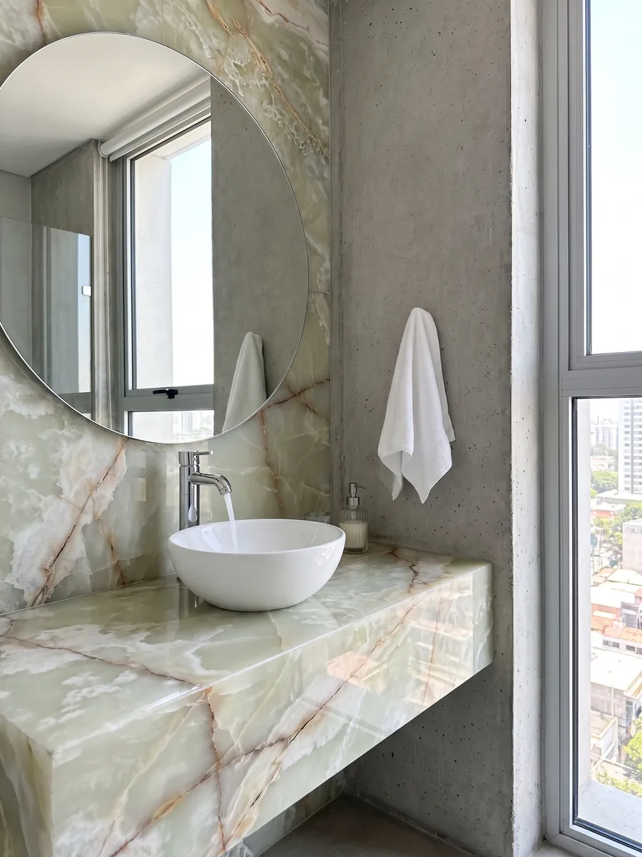 Baño de visitas con pared y cubierta flotante de Ónix Verde con espejo redondo: verde pálido traslúcido con vetas beige en diagonal y zona crema arriba