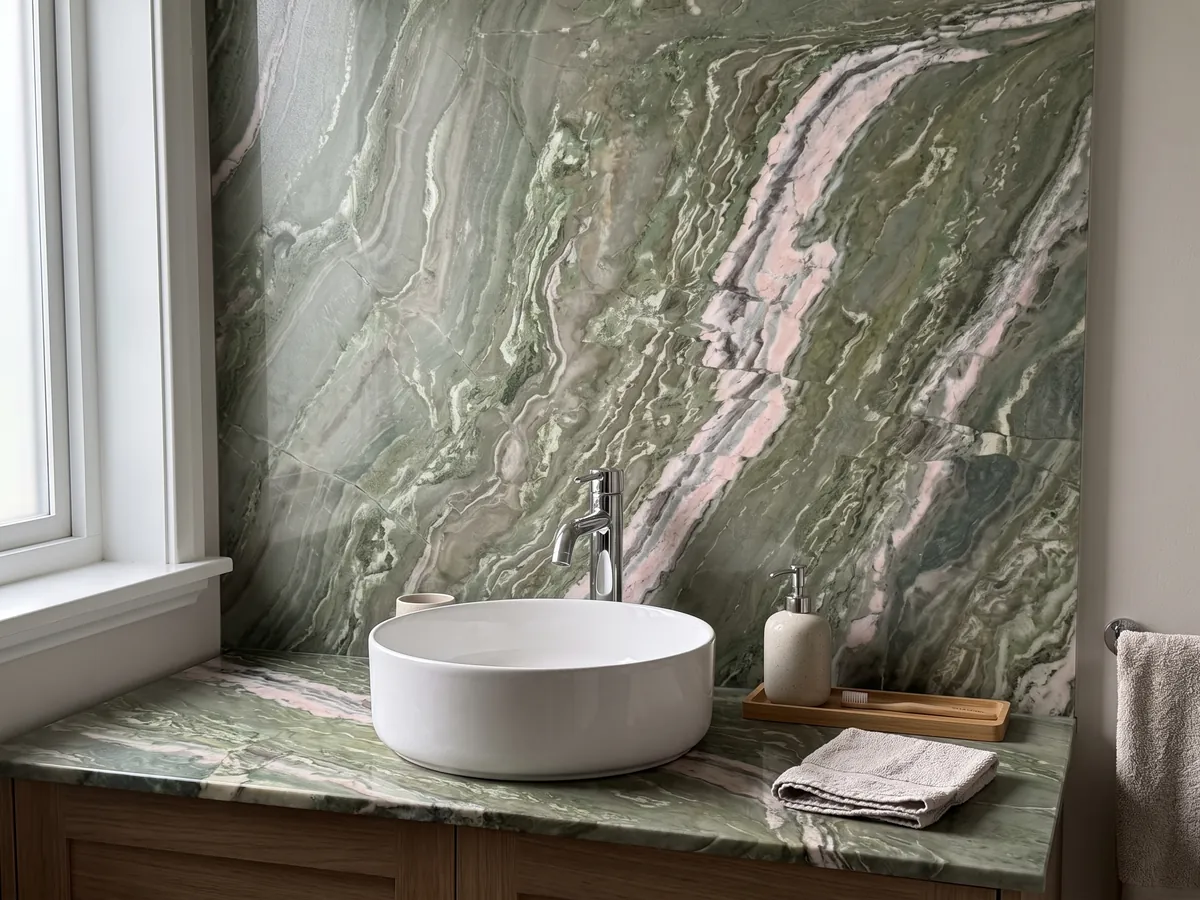 Cubierta de lavabo y pared de baño en ónix verde Brioches con lavamanos blanco y grifería cromada: verde con una franja rosa y blanca que cruza la placa en diagonal