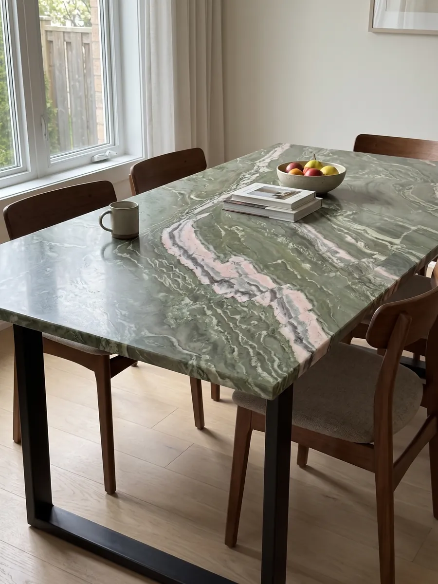 Mesa de comedor con cubierta de ónix verde Brioches sobre base de acero: verde con una franja rosa y blanca que cruza la placa en diagonal