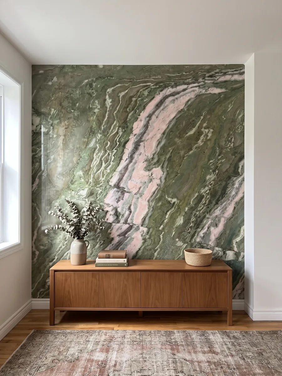 Pared de acento revestida con ónix verde Brioches sobre un mueble bajo de madera: verde con una franja rosa y blanca que cruza la placa en diagonal