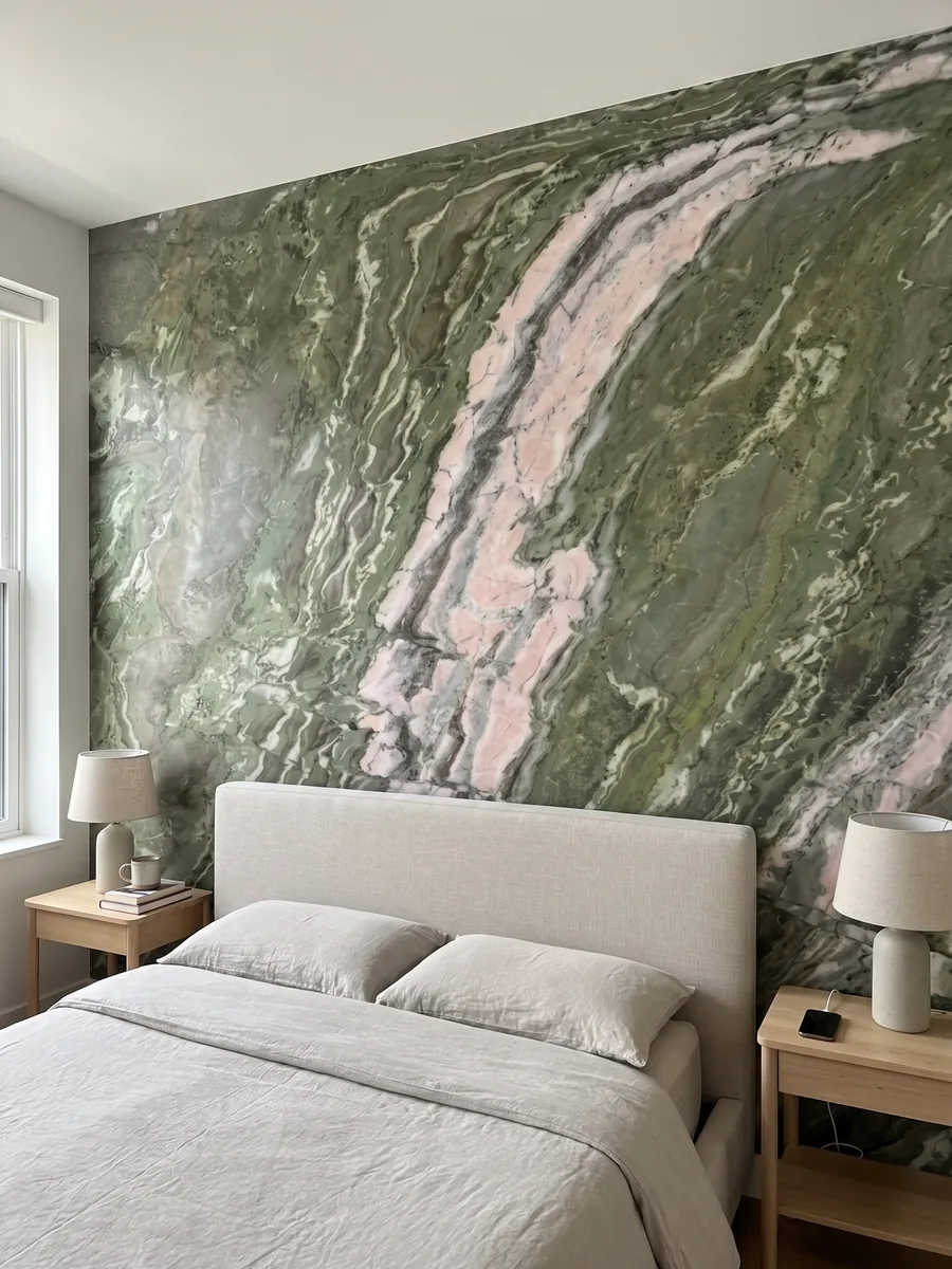 Pared de cabecera de dormitorio revestida con ónix verde Brioches con mesitas de noche: verde con una franja rosa y blanca que cruza la placa en diagonal