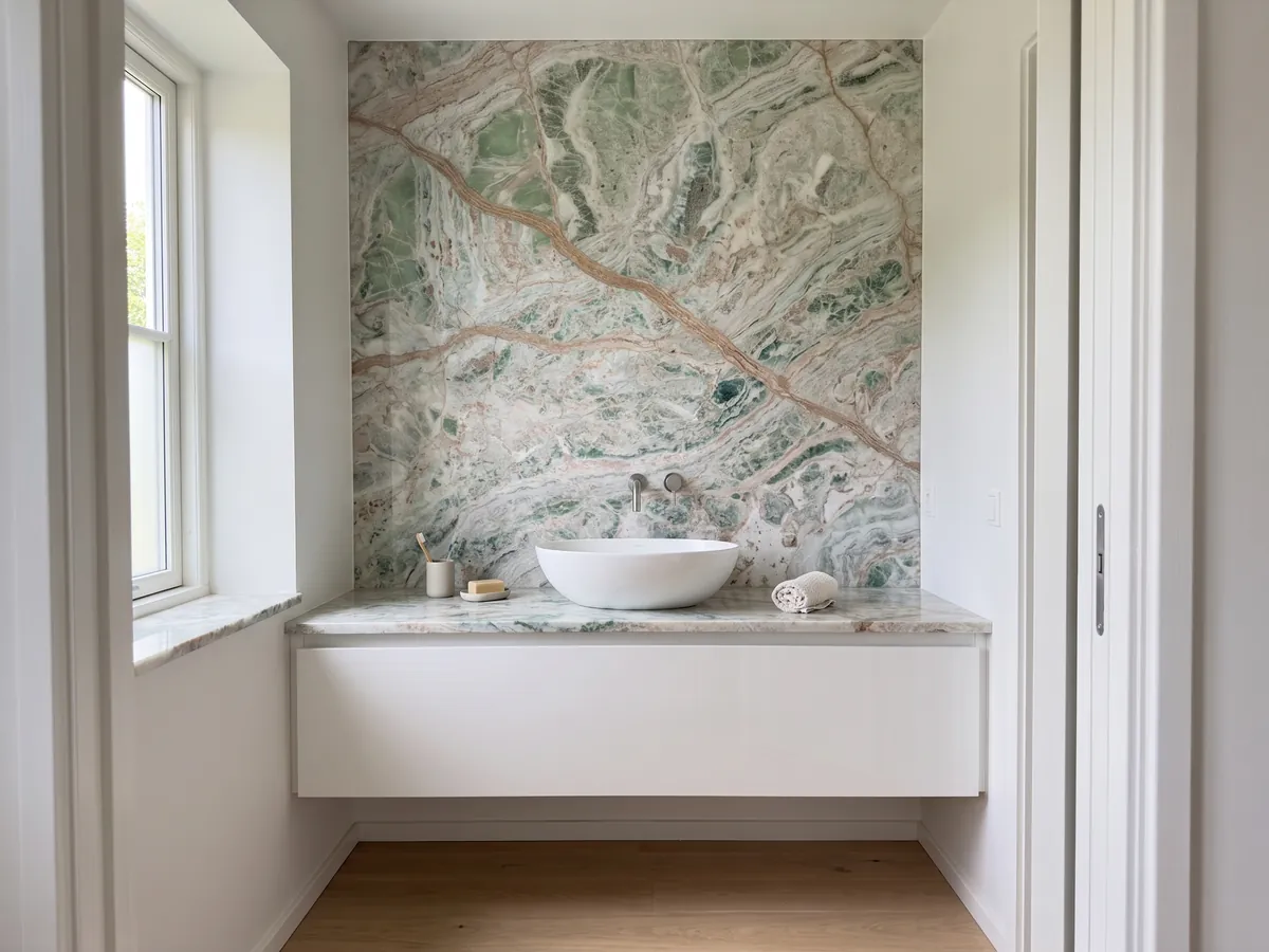 Cubierta de lavabo y pared de baño en Ónix Verde Himalaya con lavamanos blanco y grifería cromada: blanco con manchas verde menta y vetas rosadas onduladas