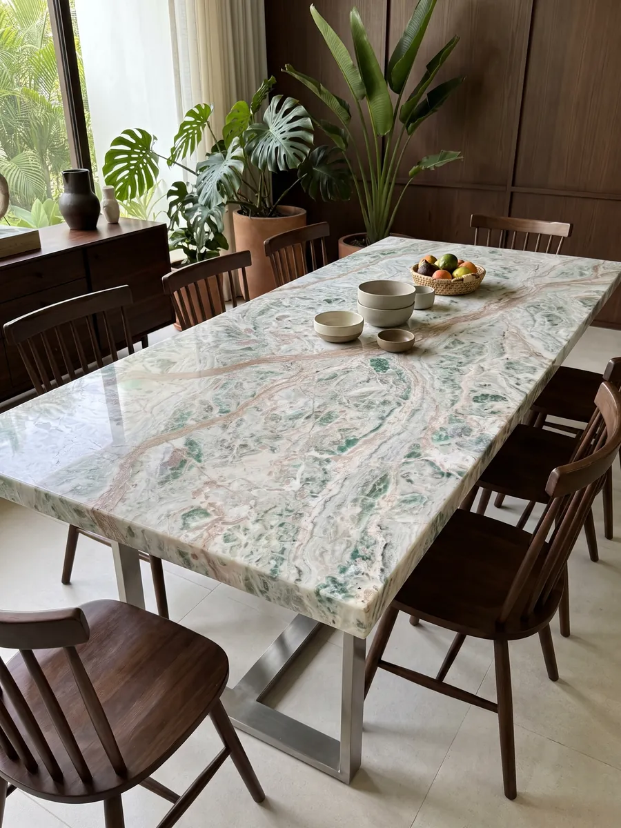 Mesa de comedor con cubierta de Ónix Verde Himalaya sobre base de acero: blanco con manchas verde menta y vetas rosadas onduladas
