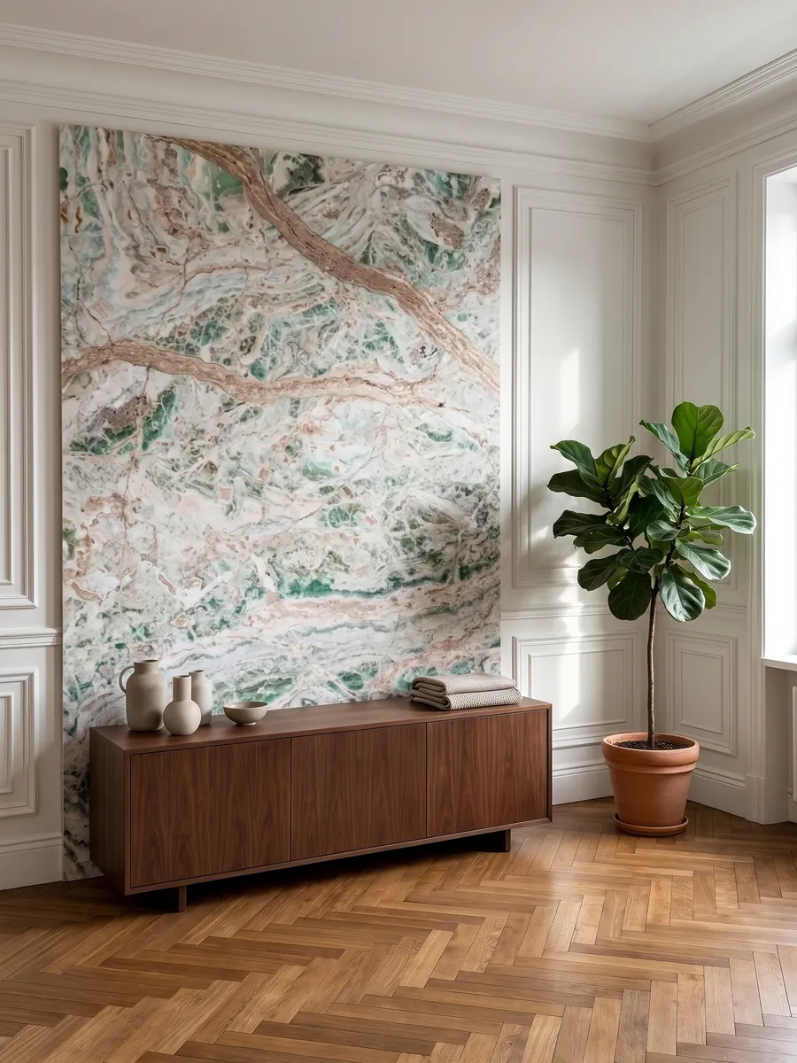 Pared de acento revestida con Ónix Verde Himalaya sobre un mueble bajo de madera: blanco con manchas verde menta y vetas rosadas onduladas