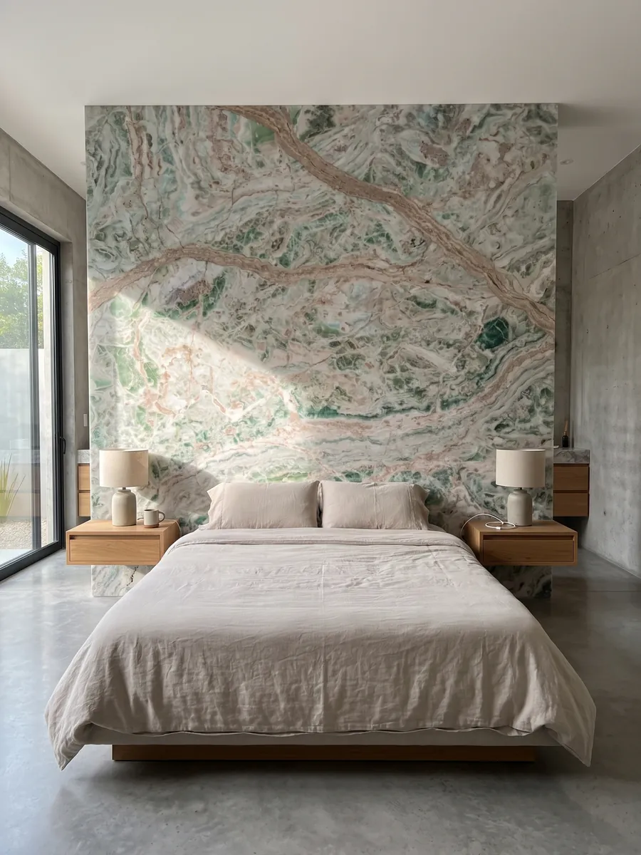 Pared de cabecera de dormitorio revestida con Ónix Verde Himalaya con mesitas de noche: blanco con manchas verde menta y vetas rosadas onduladas