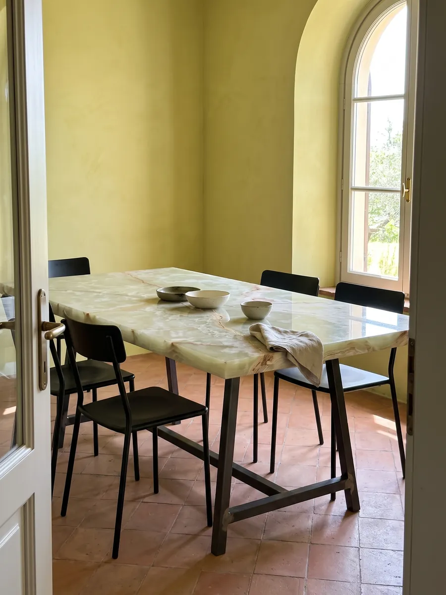 Mesa de comedor con cubierta de Ónix Verde sobre base de acero: verde pálido traslúcido con vetas beige en diagonal y zona crema arriba