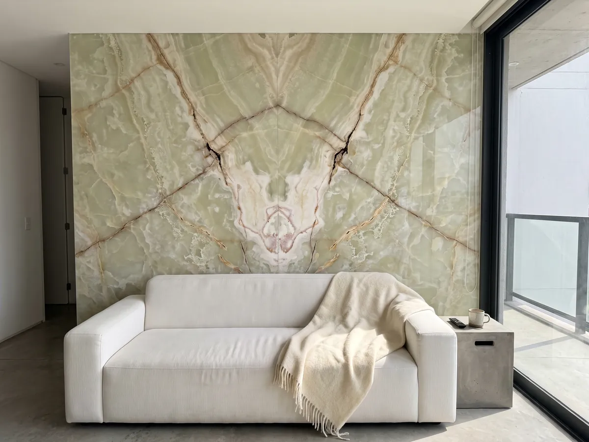Pared de sala revestida con placas de Ónix Verde abiertas en libro detrás de un sofá: verde pálido traslúcido con vetas beige en diagonal y zona crema arriba