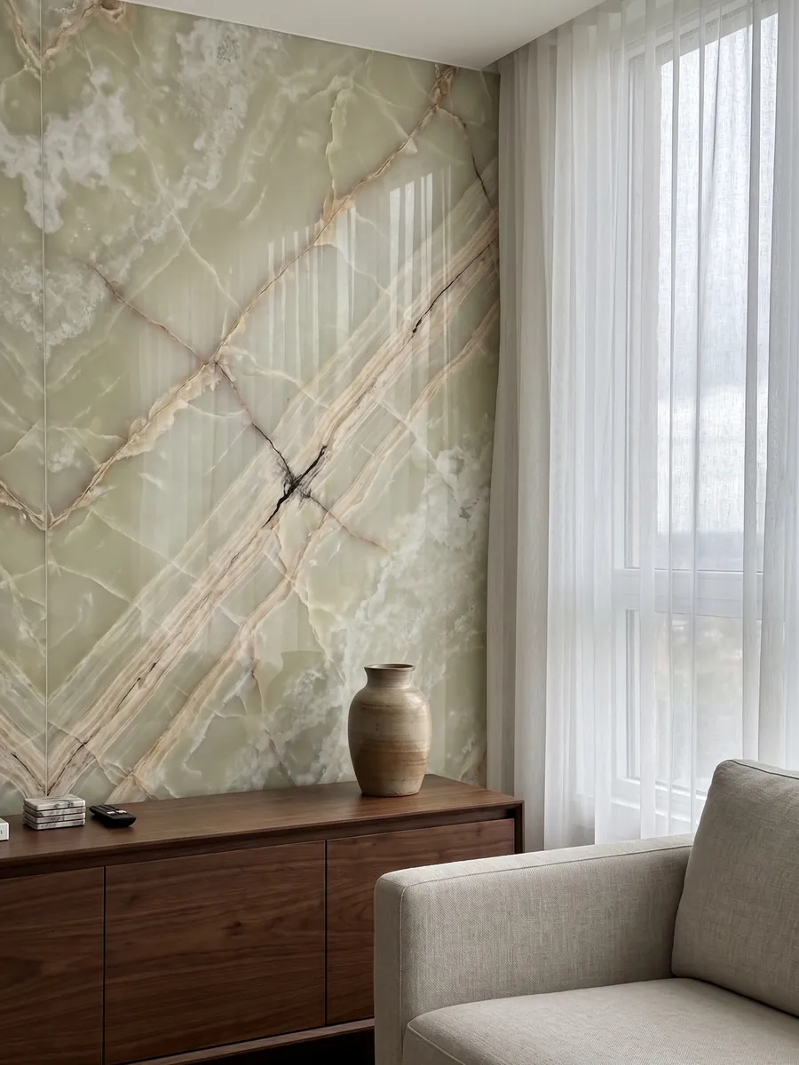 Pared de acento revestida con Ónix Verde sobre un mueble bajo de madera: verde pálido traslúcido con vetas beige en diagonal y zona crema arriba