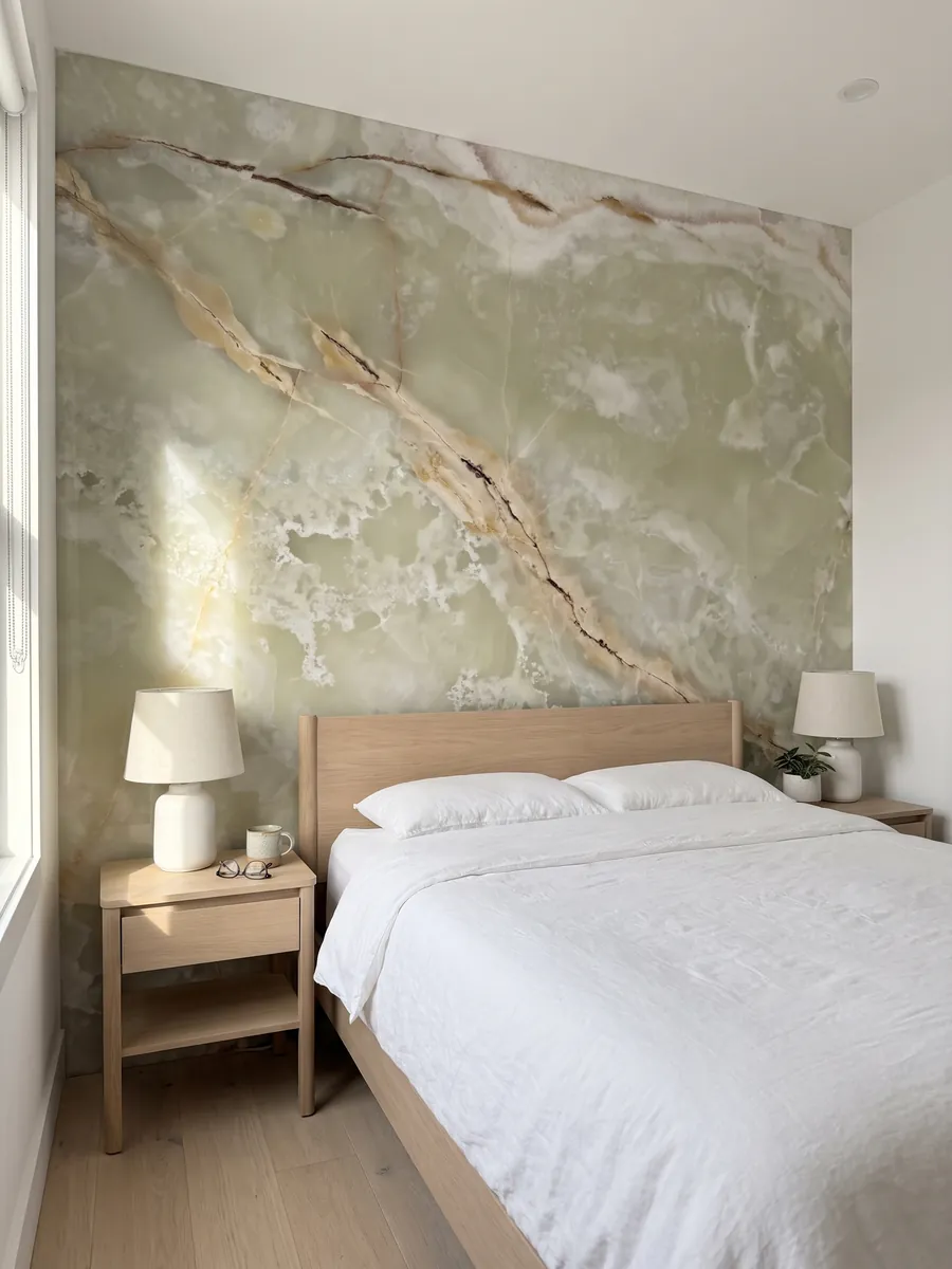 Pared de cabecera de dormitorio revestida con Ónix Verde con mesitas de noche: verde pálido traslúcido con vetas beige en diagonal y zona crema arriba