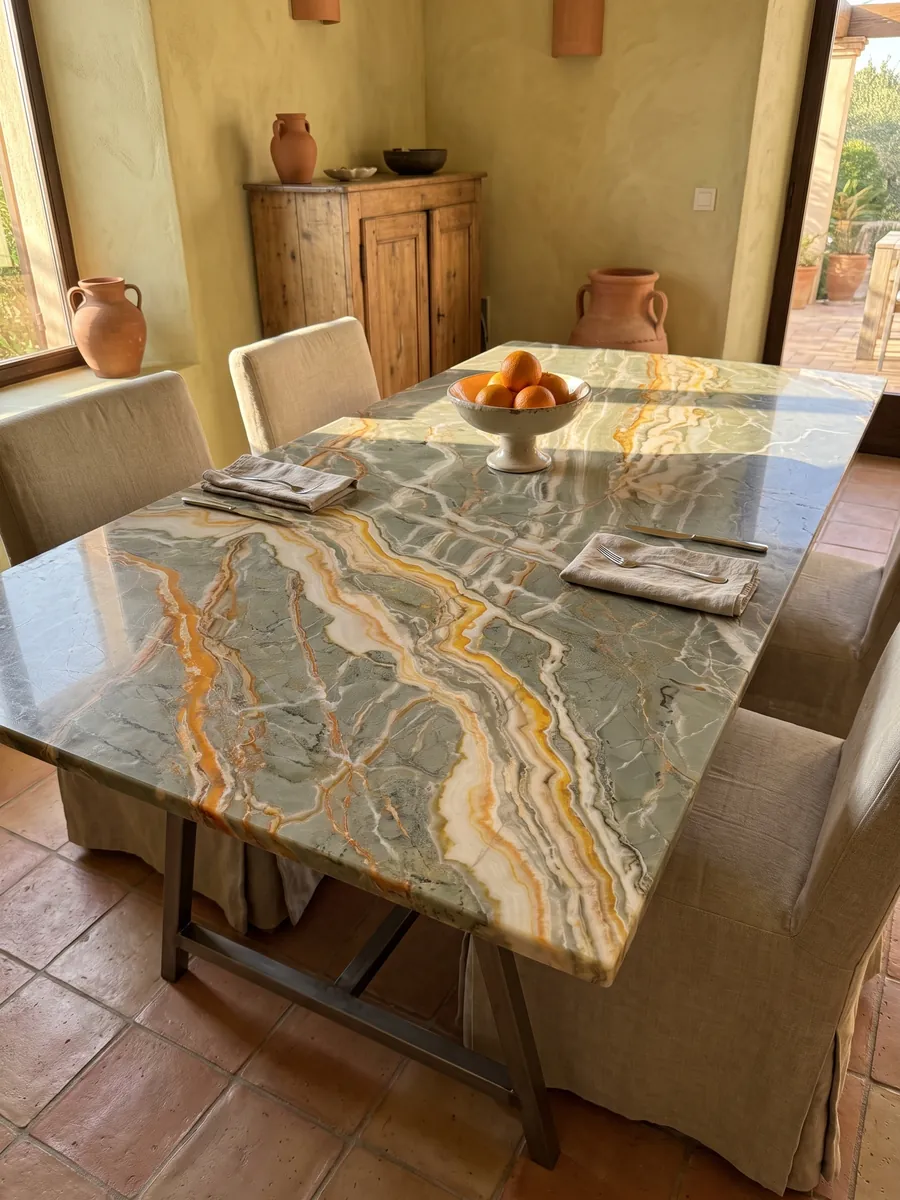 Mesa de comedor con cubierta de ónix verde Rainbow sobre base de acero: verde grisáceo cruzado por vetas naranja y amarillas ramificadas