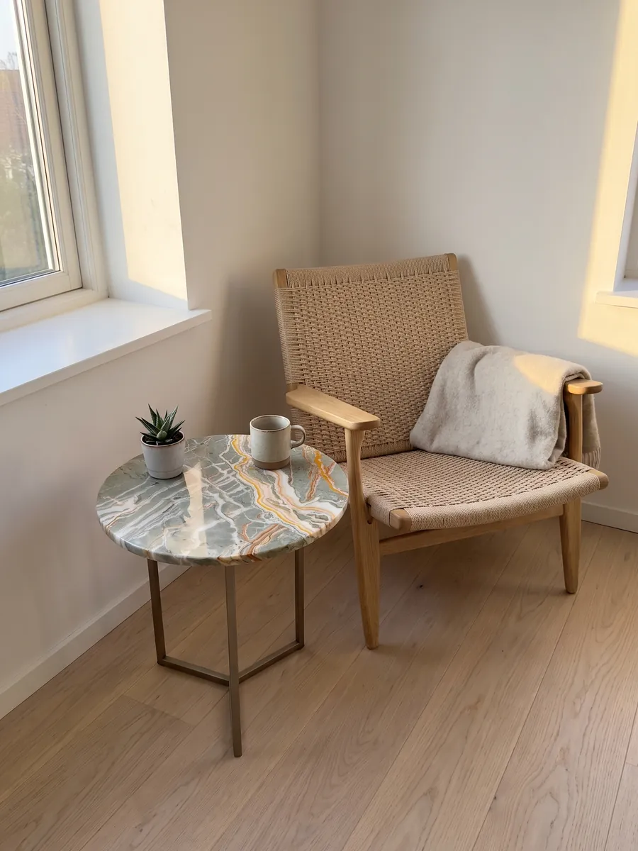 Mesa auxiliar con cubierta de ónix verde Rainbow junto a un sillón: verde grisáceo cruzado por vetas naranja y amarillas ramificadas
