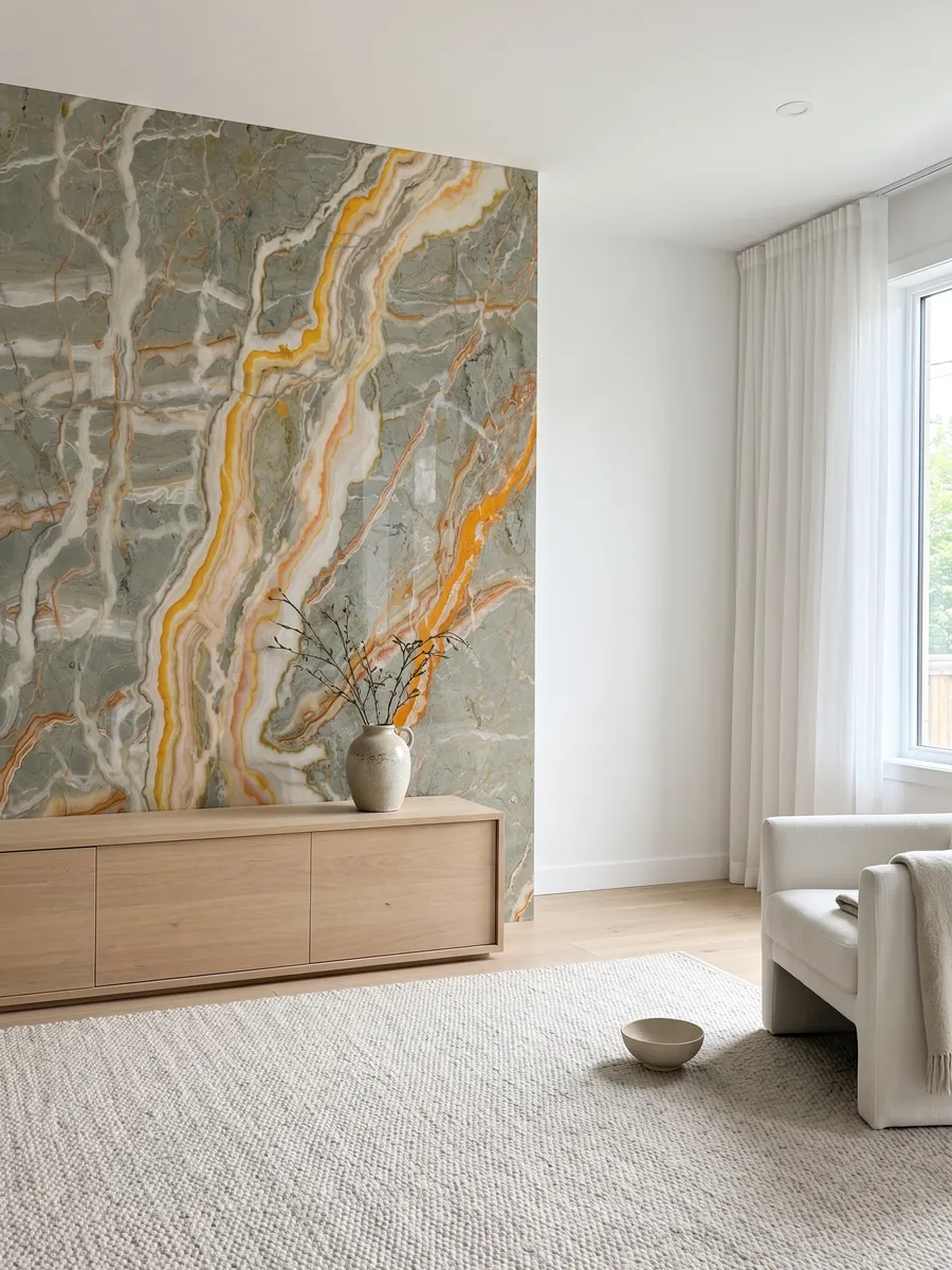 Pared de acento revestida con ónix verde Rainbow sobre un mueble bajo de madera: verde grisáceo cruzado por vetas naranja y amarillas ramificadas
