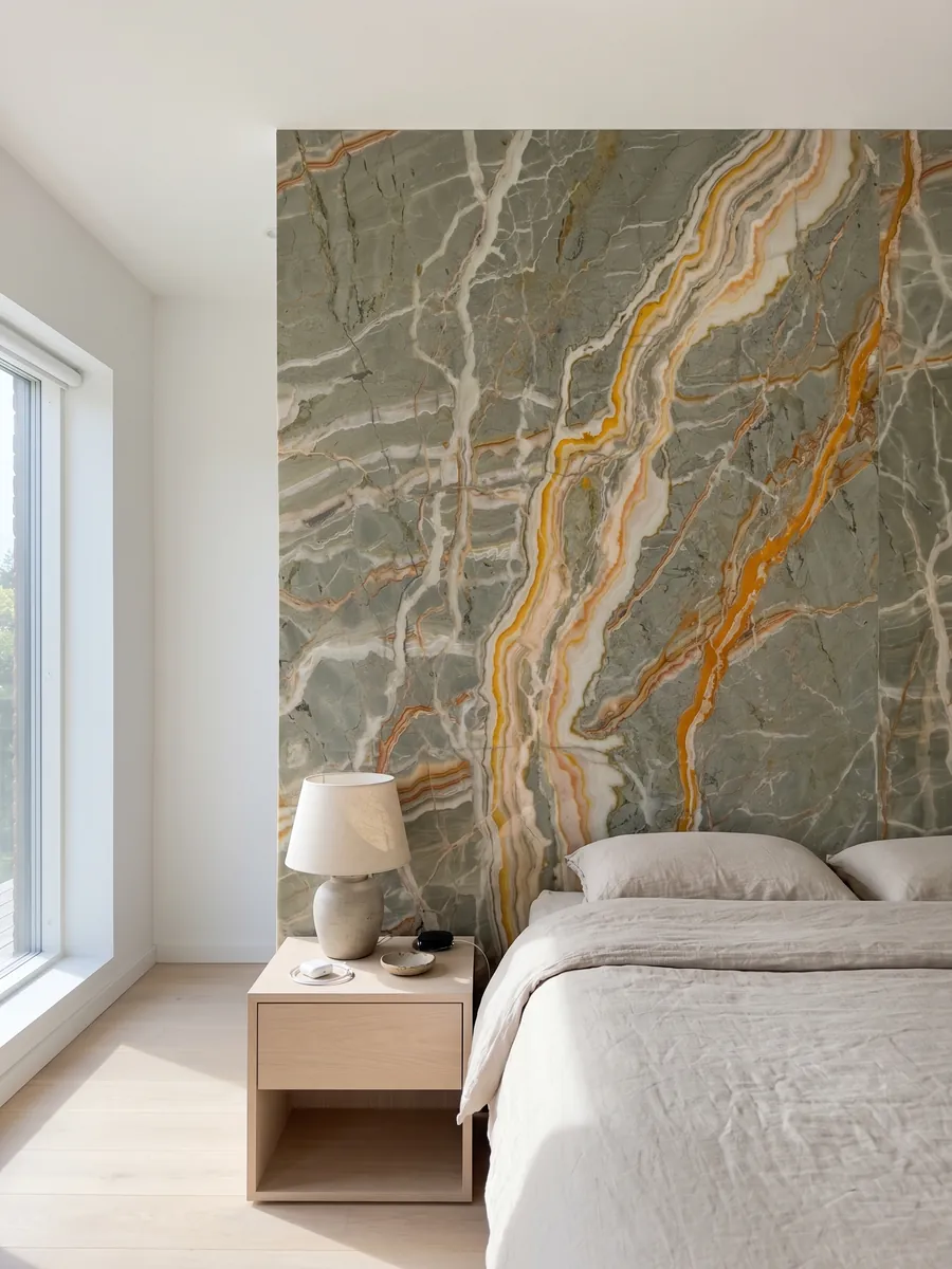 Pared de cabecera de dormitorio revestida con ónix verde Rainbow con mesitas de noche: verde grisáceo cruzado por vetas naranja y amarillas ramificadas