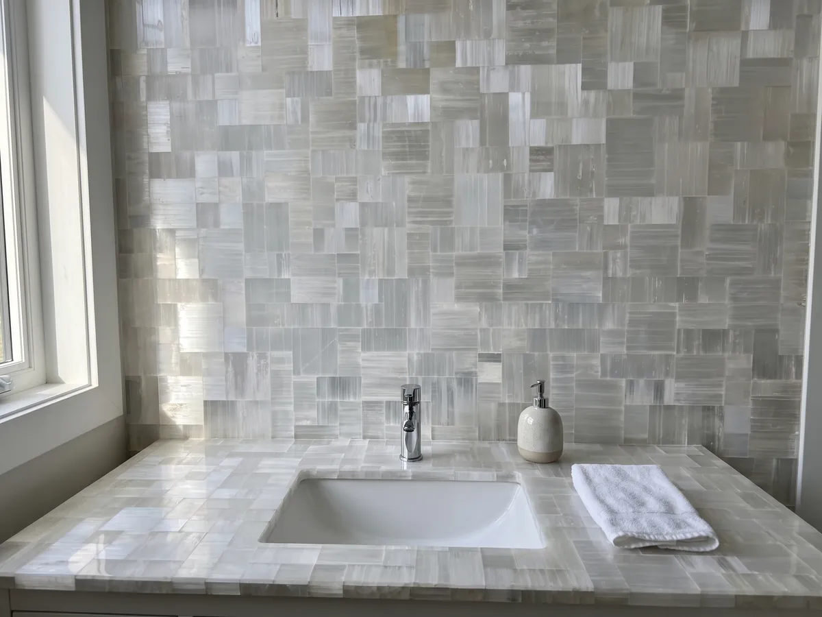 Cubierta de lavabo y pared de baño en Selenita con lavamanos blanco y grifería cromada: piezas rectangulares blancas y grises con estrías fibrosas y brillo sedoso