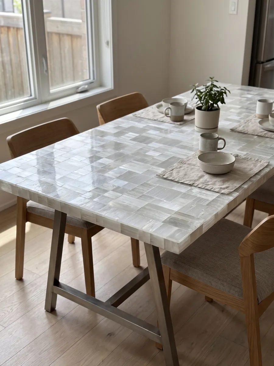 Mesa de comedor con cubierta de Selenita sobre base de acero: piezas rectangulares blancas y grises con estrías fibrosas y brillo sedoso