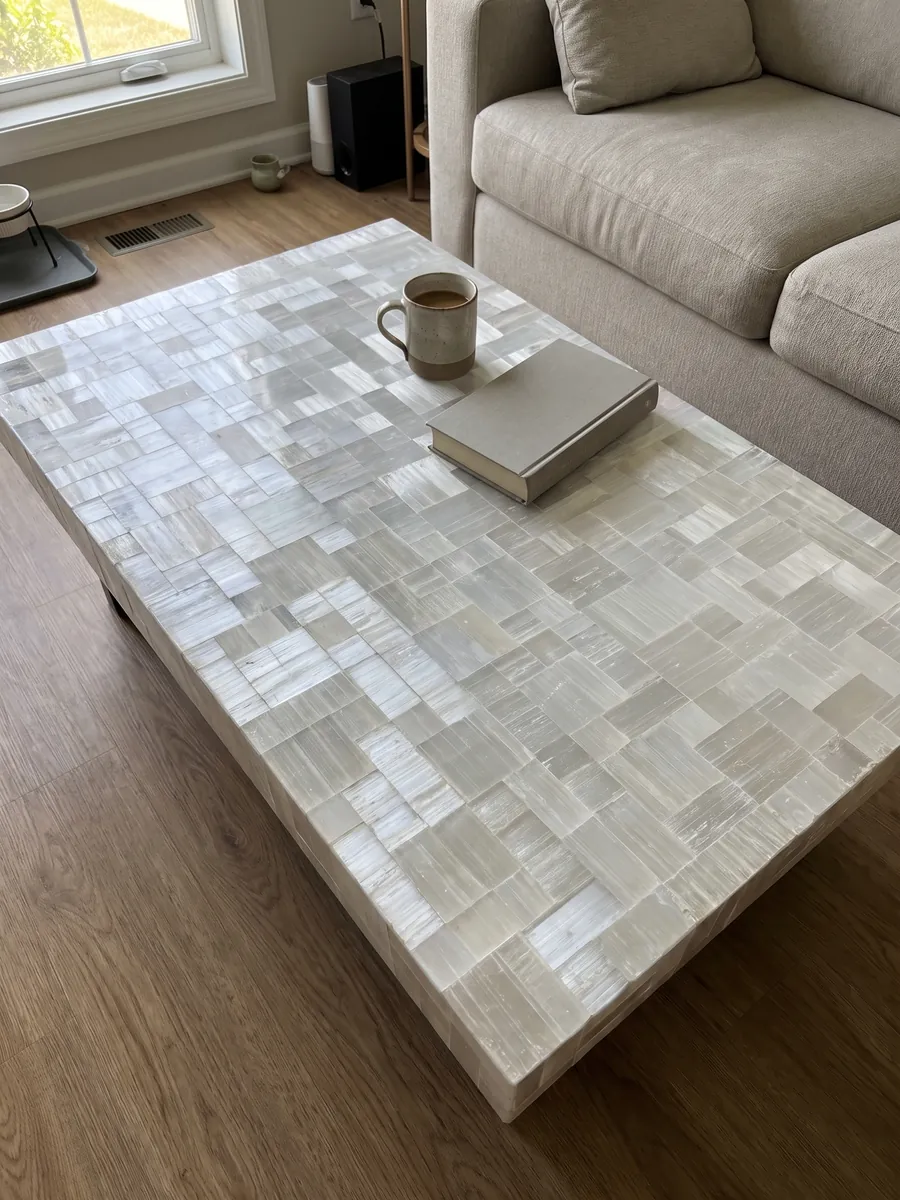 Mesa de centro con cubierta de Selenita en una sala: piezas rectangulares blancas y grises con estrías fibrosas y brillo sedoso