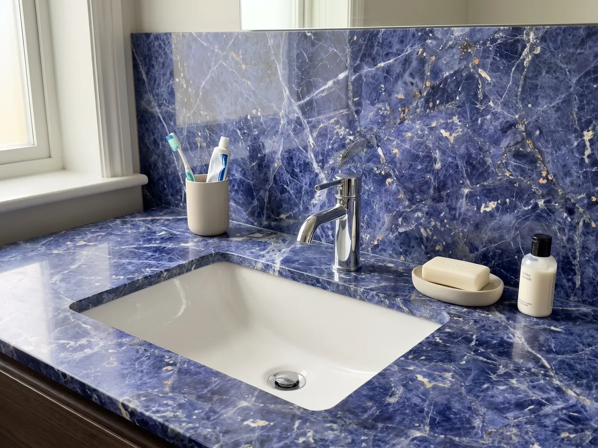 Cubierta de lavabo y pared de baño en Sodalita con lavamanos blanco y grifería cromada: azul violeta con vetas blancas y pequeñas motas anaranjadas