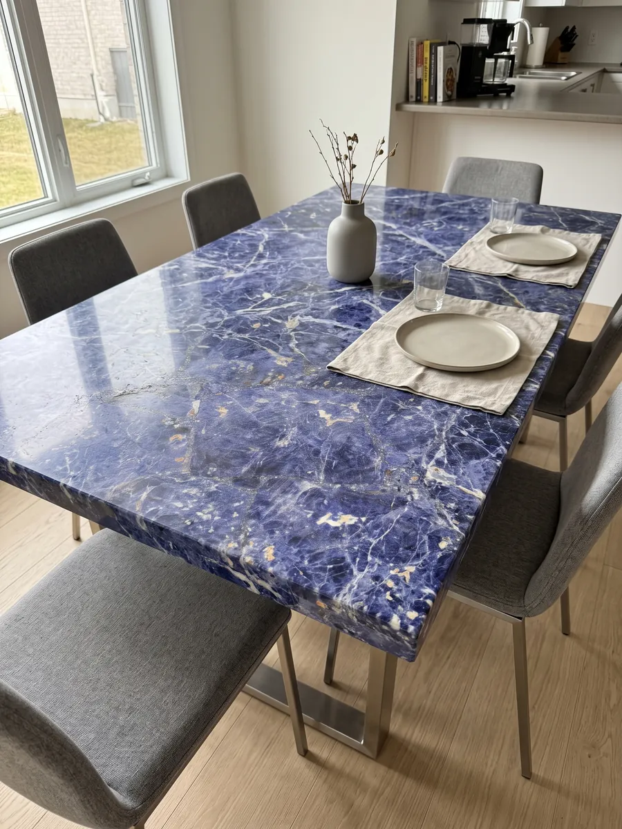 Mesa de comedor con cubierta de Sodalita sobre base de acero: azul violeta con vetas blancas y pequeñas motas anaranjadas