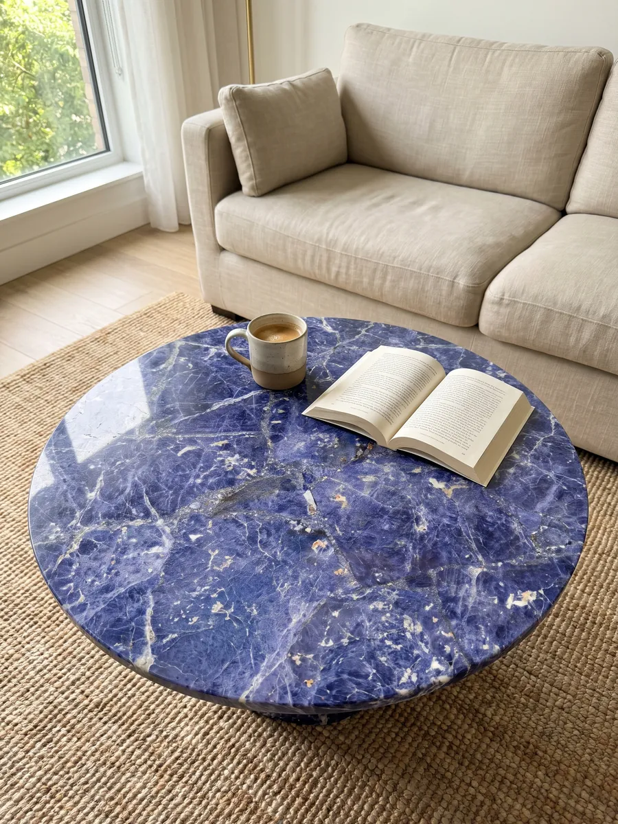 Mesa de centro con cubierta de Sodalita en una sala: azul violeta con vetas blancas y pequeñas motas anaranjadas