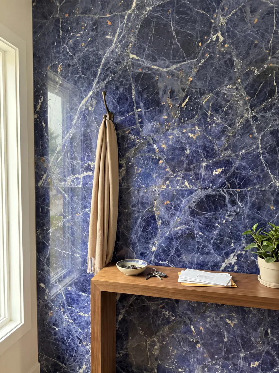 Pared de recibidor revestida con Sodalita con consola estrecha: azul violeta con vetas blancas y pequeñas motas anaranjadas