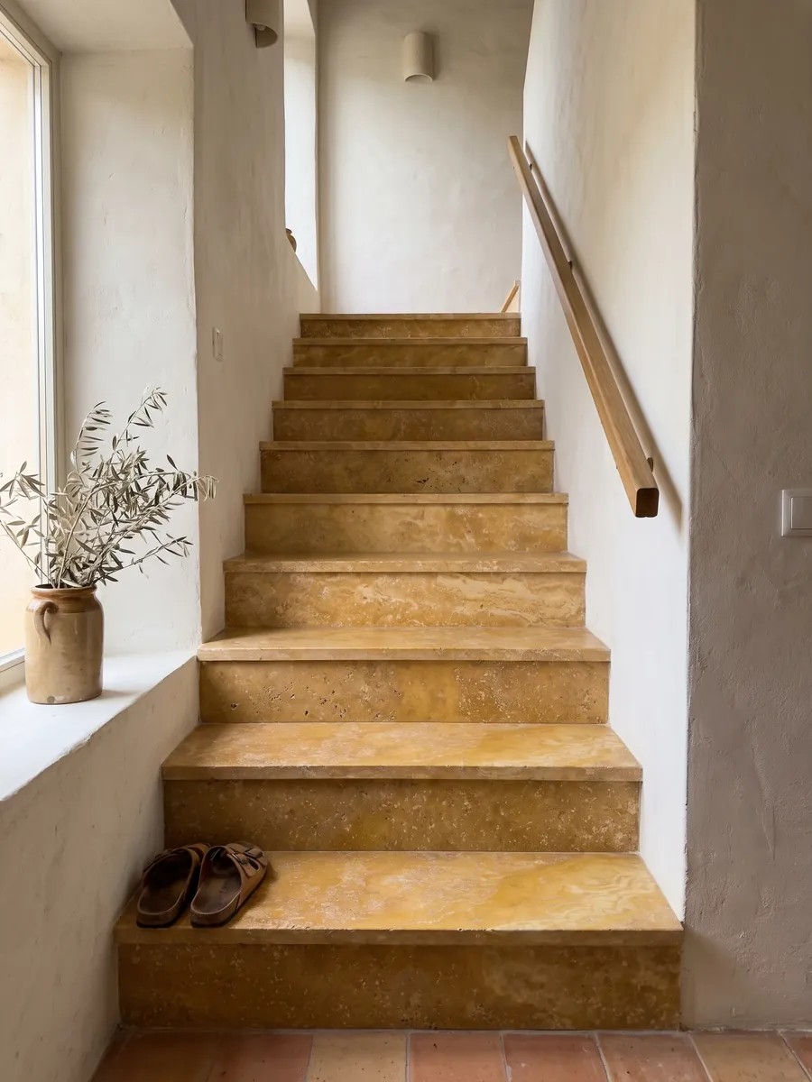 Escalera interior con peldaños de Travertino Amarillo con pasamanos: ocre dorado cálido con poros pequeños y nubes suaves de tono