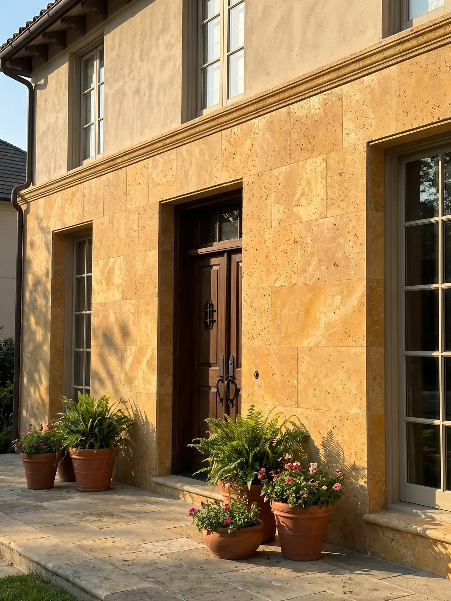 Fachada de casa revestida con Travertino Amarillo junto a una puerta de madera: ocre dorado cálido con poros pequeños y nubes suaves de tono