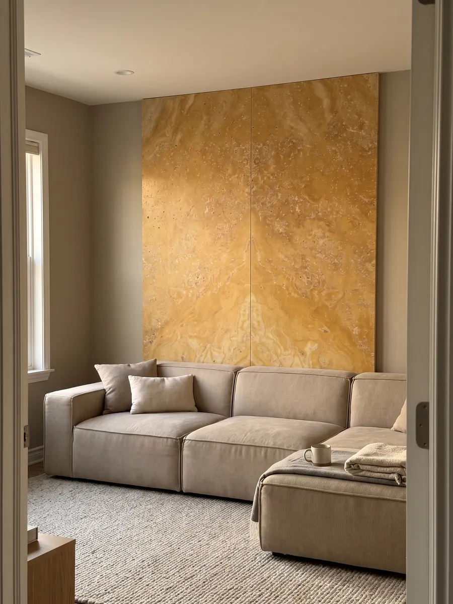 Pared de sala revestida con placas de Travertino Amarillo abiertas en libro detrás de un sofá: ocre dorado cálido con poros pequeños y nubes suaves de tono