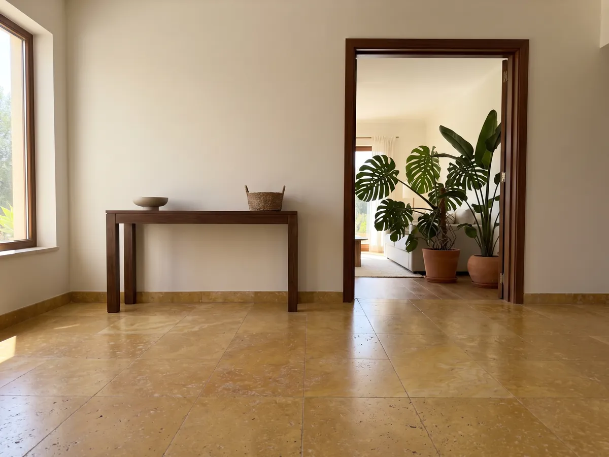 Piso de recibidor en placas grandes de Travertino Amarillo con luz natural: ocre dorado cálido con poros pequeños y nubes suaves de tono