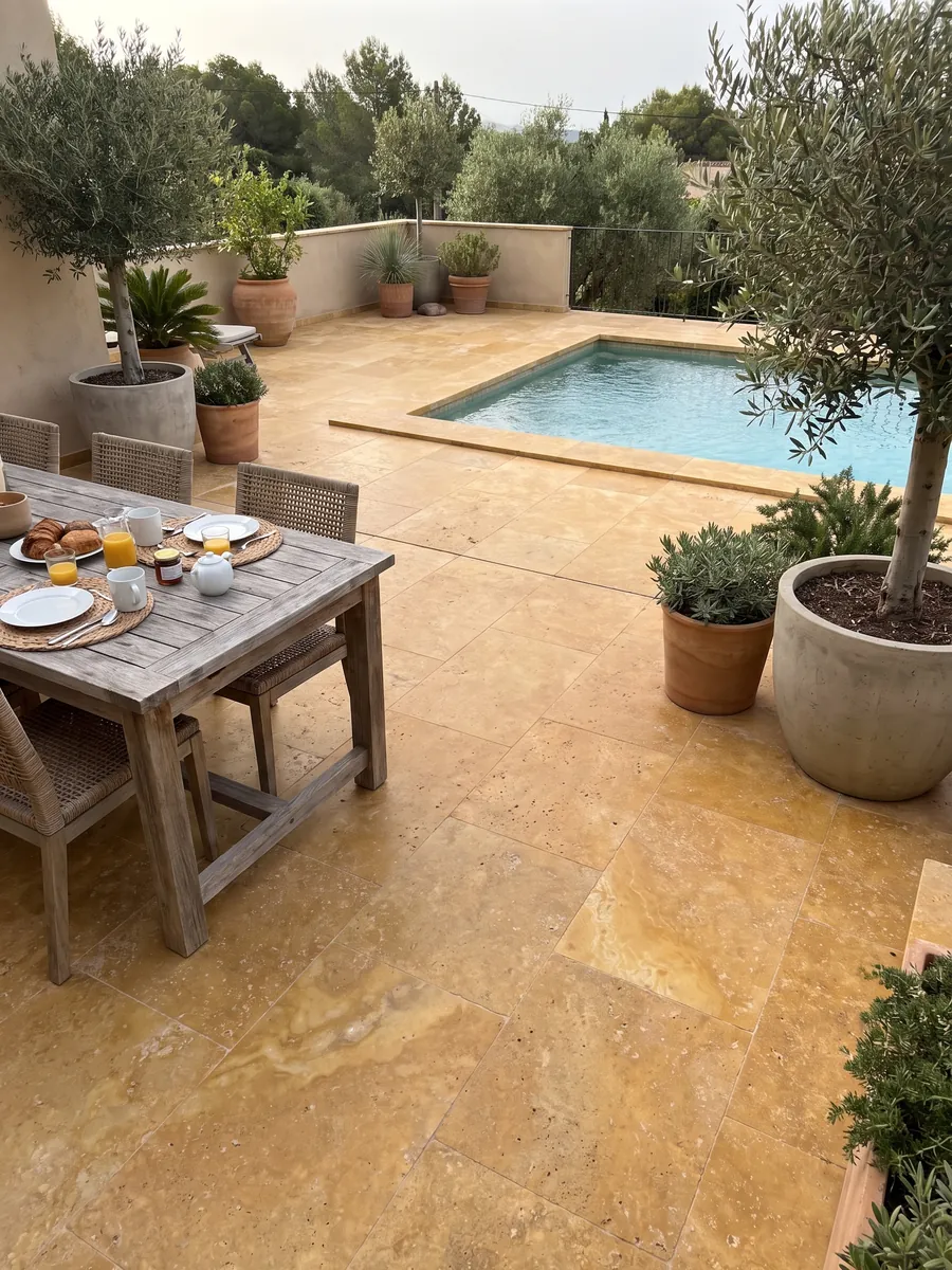 Piso de terraza y borde de piscina en Travertino Amarillo con macetas: ocre dorado cálido con poros pequeños y nubes suaves de tono