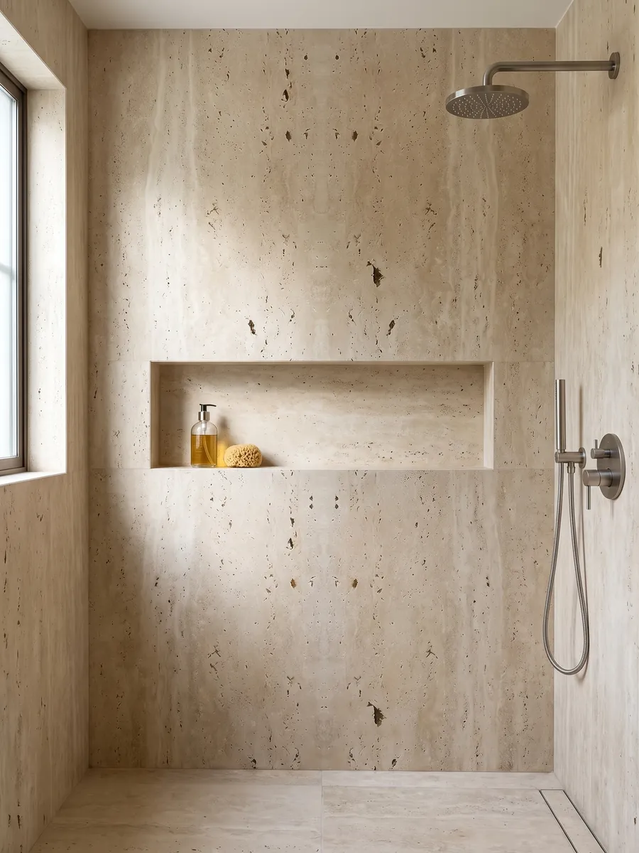 Ducha revestida con placas enteras de travertino beige Clásico con nicho empotrado: beige con agujeros oscuros alineados en vertical; el dibujo se ve simétrico como en espejo