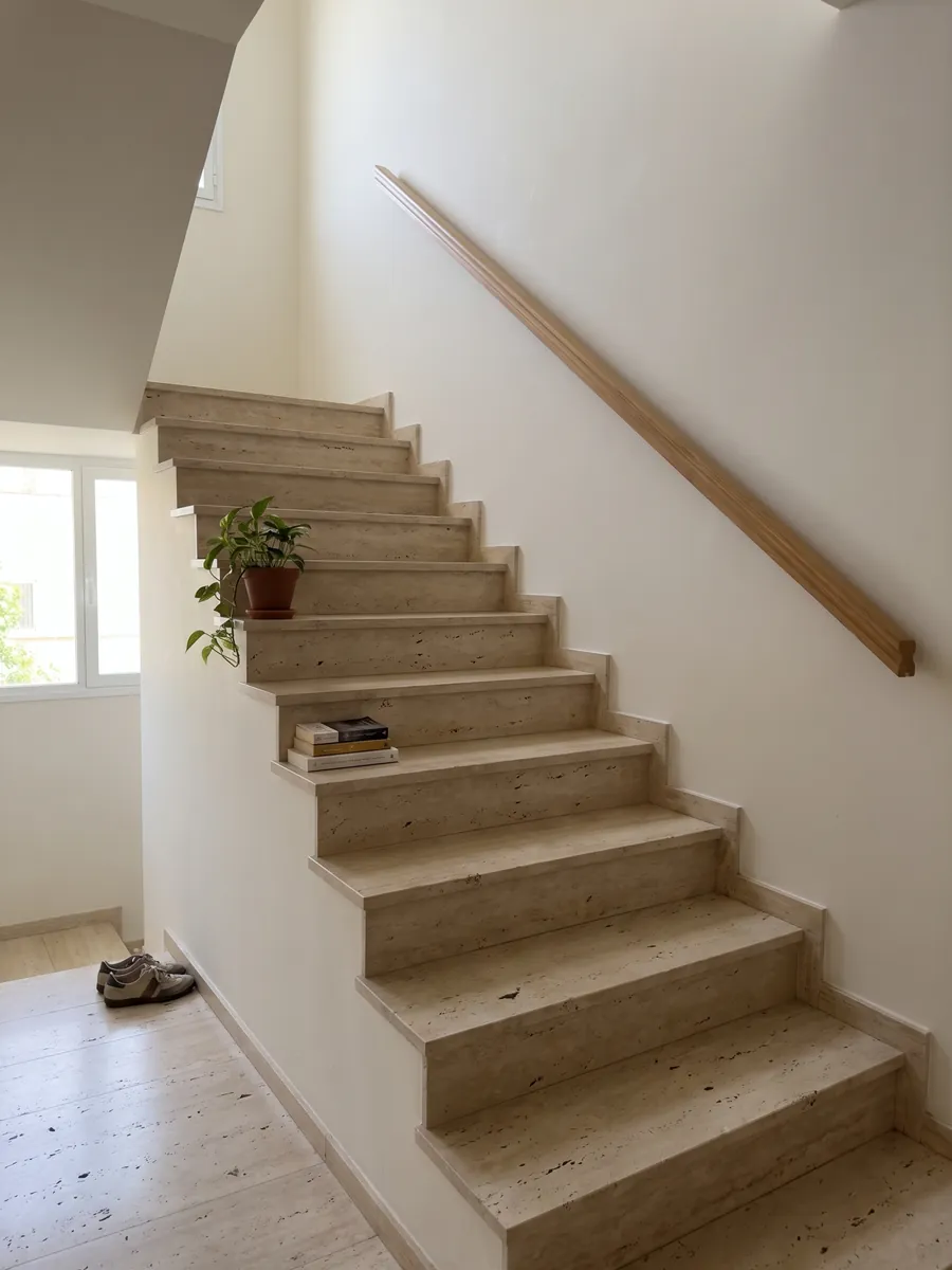 Escalera interior con peldaños de travertino beige Clásico con pasamanos: beige con agujeros oscuros alineados en vertical; el dibujo se ve simétrico como en espejo