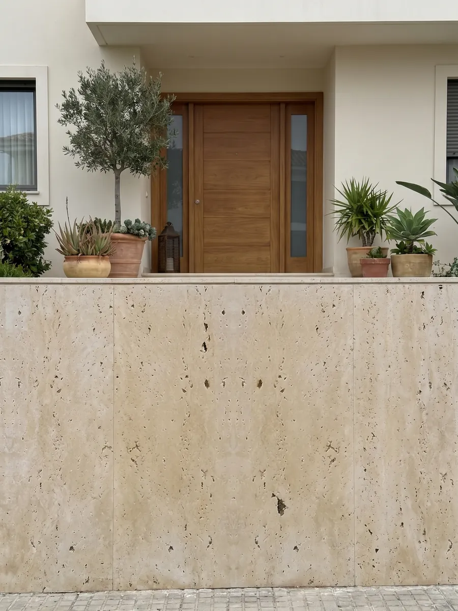Fachada de casa revestida con travertino beige Clásico junto a una puerta de madera: beige con agujeros oscuros alineados en vertical; el dibujo se ve simétrico como en espejo