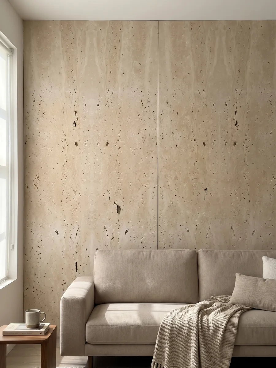 Pared de sala revestida con placas de travertino beige Clásico abiertas en libro detrás de un sofá: beige con agujeros oscuros alineados en vertical; el dibujo se ve simétrico como en espejo