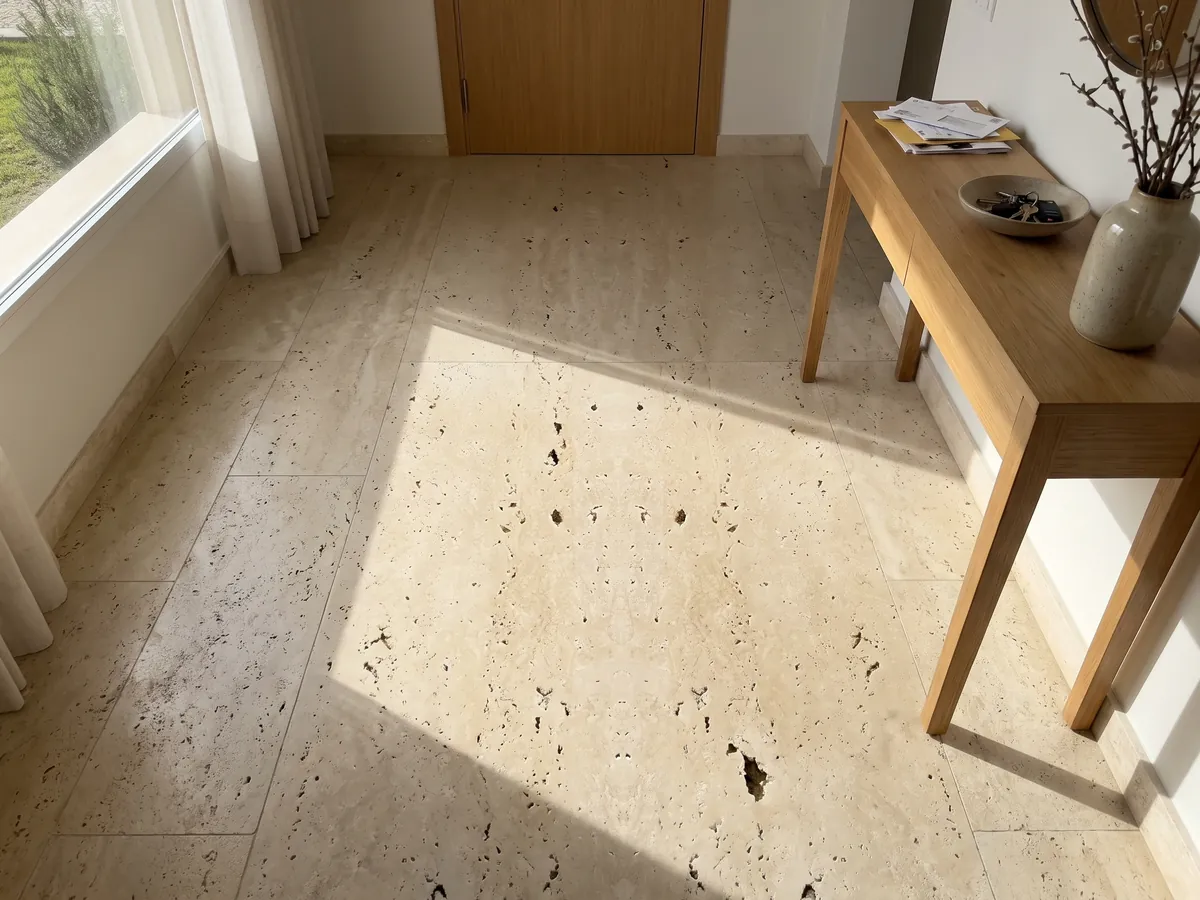 Piso de recibidor en placas grandes de travertino beige Clásico con luz natural: beige con agujeros oscuros alineados en vertical; el dibujo se ve simétrico como en espejo