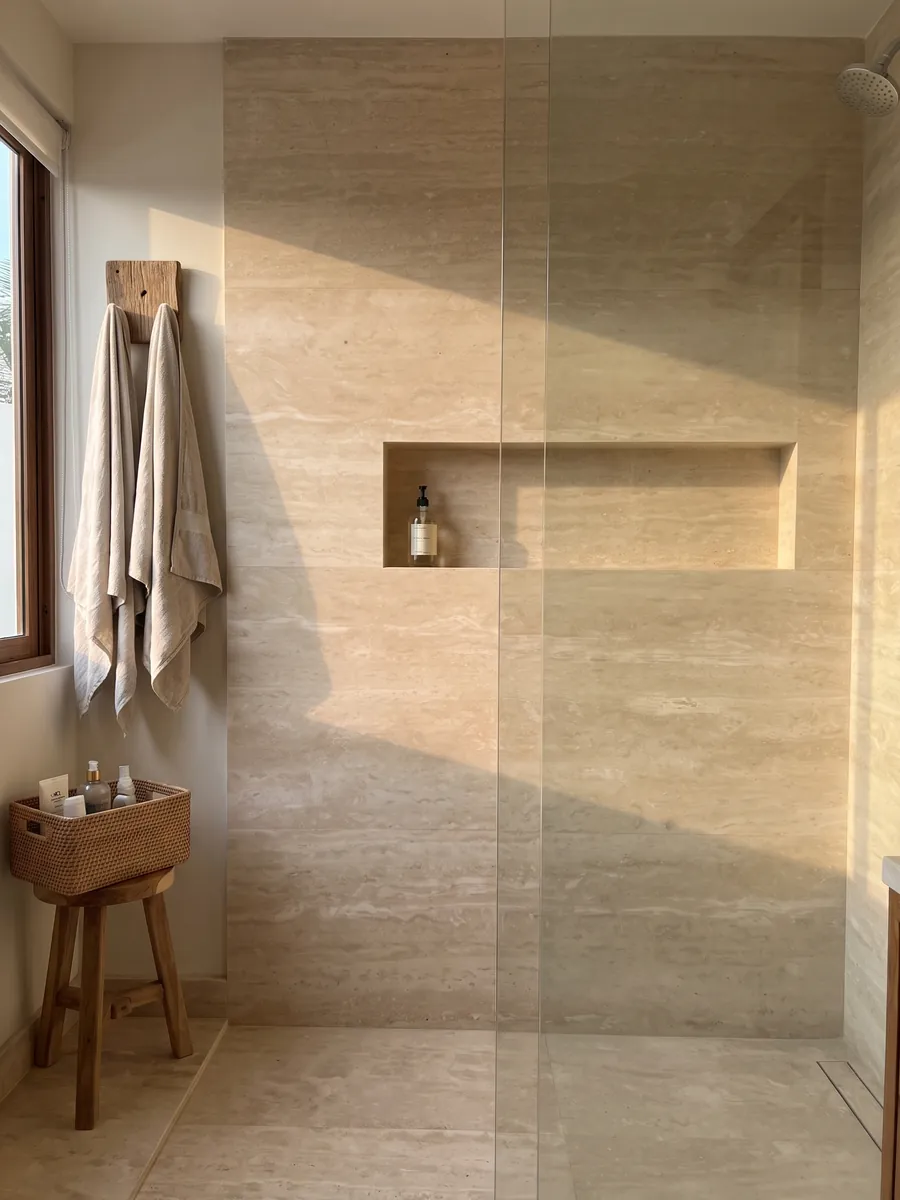 Ducha revestida con placas enteras de travertino beige Navona con nicho empotrado: beige claro con bandas horizontales tenues