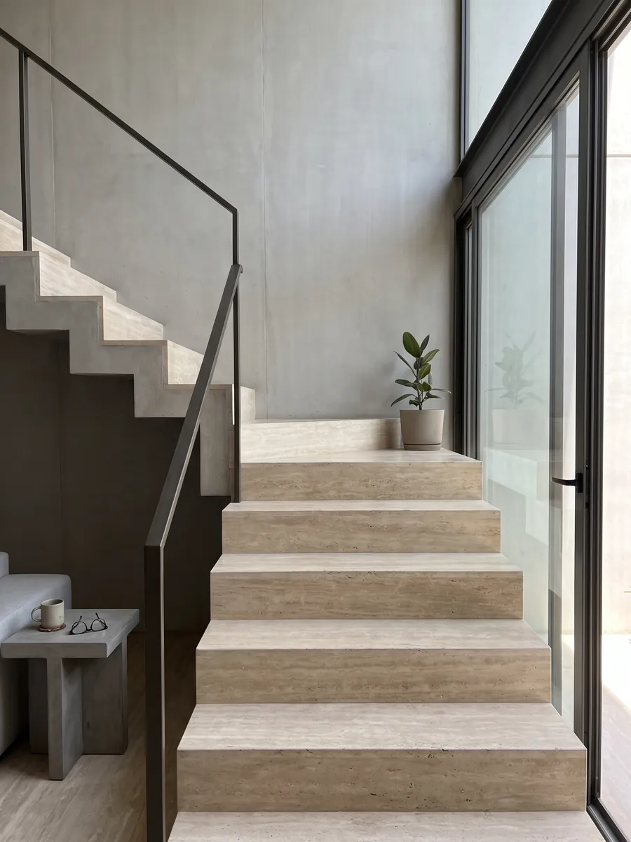 Escalera interior con peldaños de travertino beige Navona con pasamanos: beige claro con bandas horizontales tenues