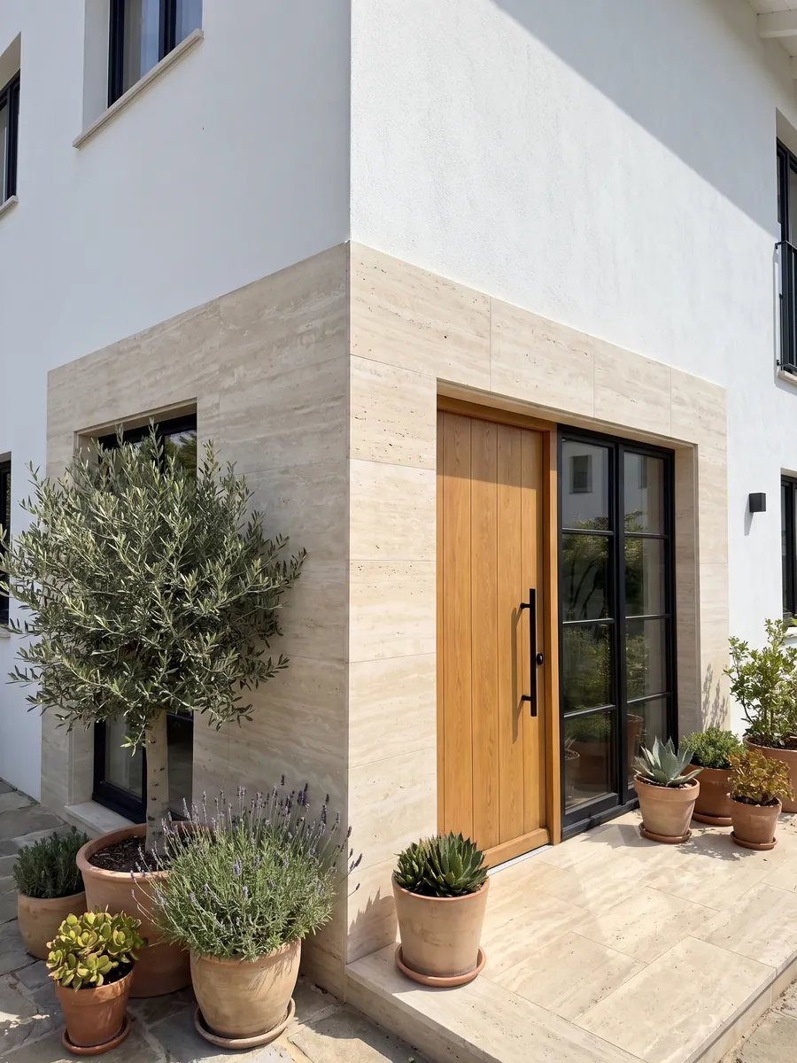 Fachada de casa revestida con travertino beige Navona junto a una puerta de madera: beige claro con bandas horizontales tenues