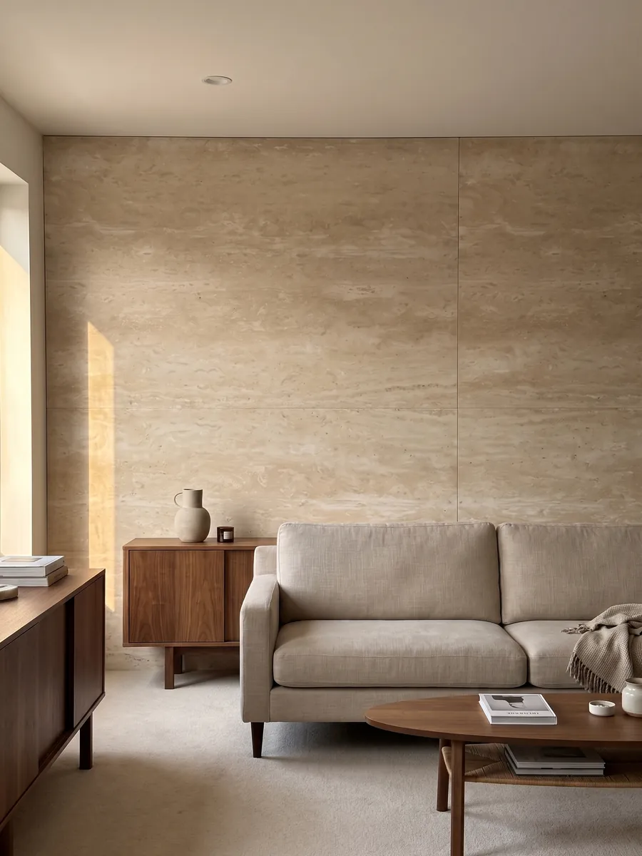 Pared de sala revestida con placas de travertino beige Navona abiertas en libro detrás de un sofá: beige claro con bandas horizontales tenues