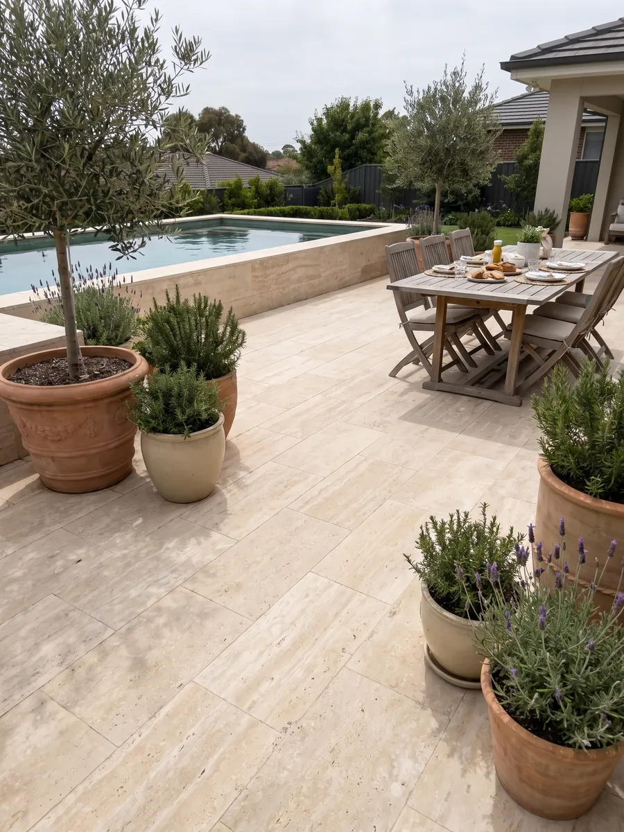 Piso de terraza y borde de piscina en travertino beige Navona con macetas: beige claro con bandas horizontales tenues