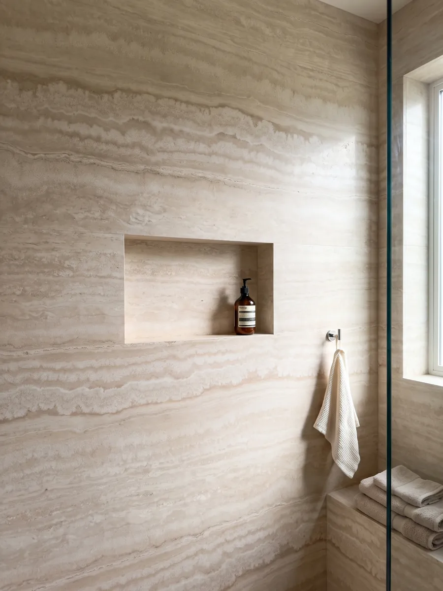 Ducha revestida con placas enteras de travertino beige Paglierino con nicho empotrado: crema con bandas horizontales onduladas en tonos muy cercanos