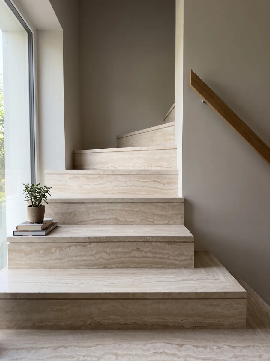 Escalera interior con peldaños de travertino beige Paglierino con pasamanos: crema con bandas horizontales onduladas en tonos muy cercanos