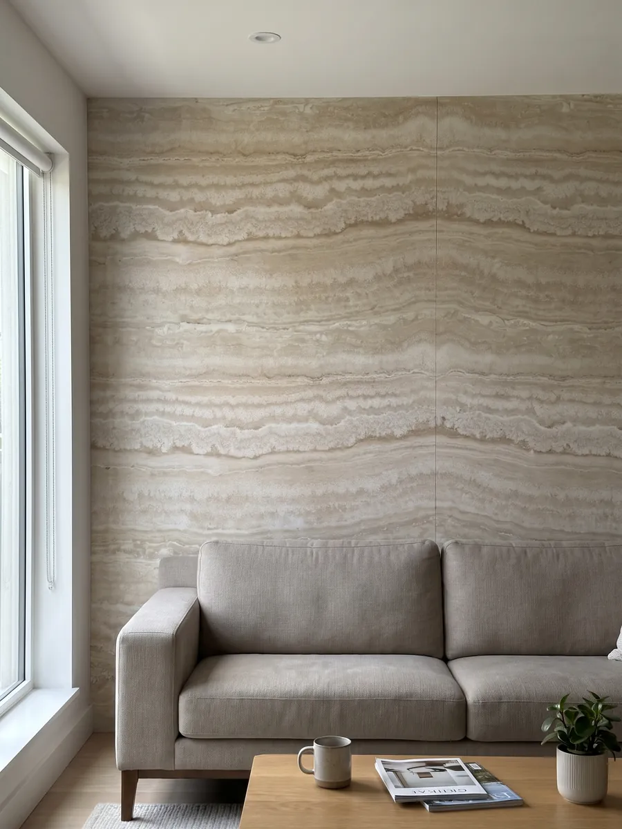 Pared de sala revestida con placas de travertino beige Paglierino abiertas en libro detrás de un sofá: crema con bandas horizontales onduladas en tonos muy cercanos