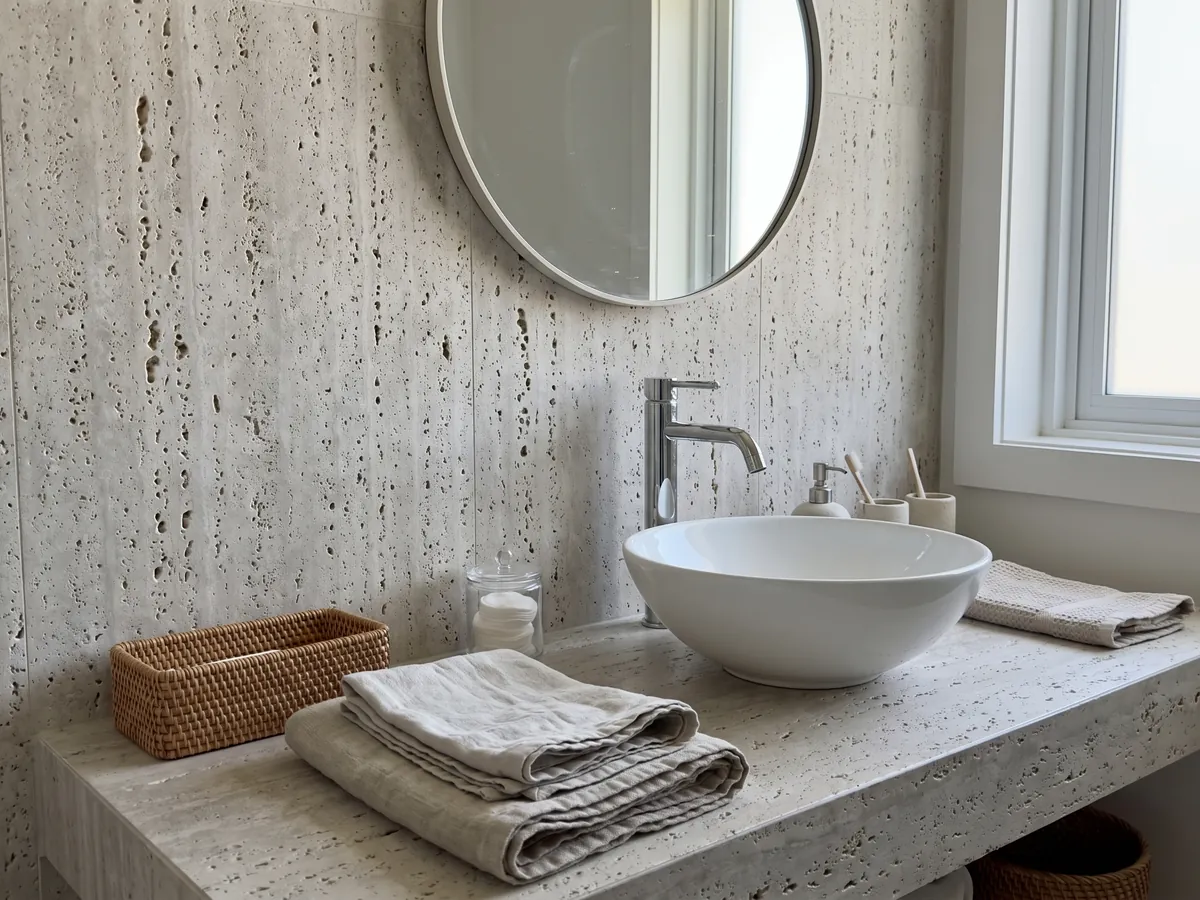 Cubierta de lavabo y pared de baño en travertino beige Romano con lavamanos blanco y grifería cromada: beige grisáceo claro con muchos agujeros abiertos de distintos tamaños