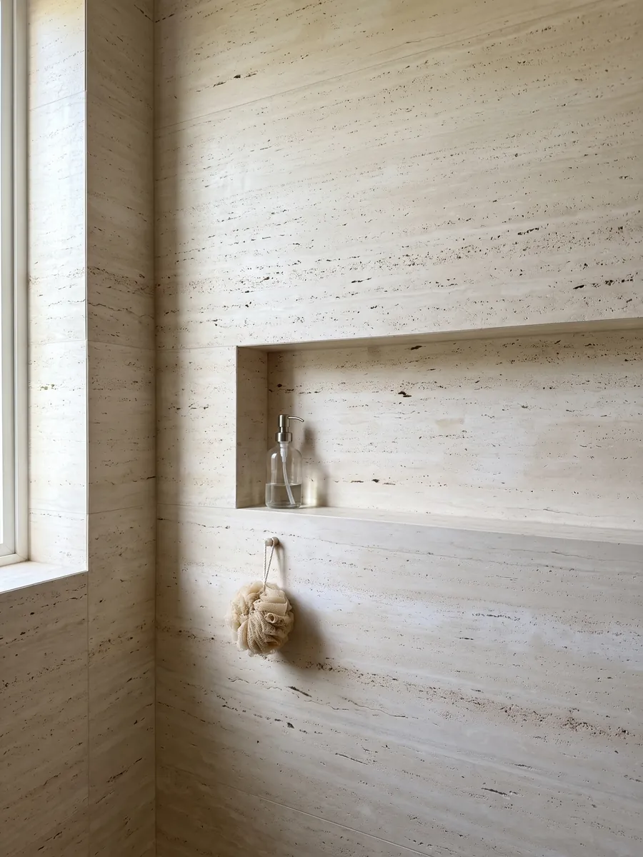 Ducha revestida con placas enteras de travertino beige Romano Claro con nicho empotrado: crema claro con líneas horizontales finas y pequeños poros alineados