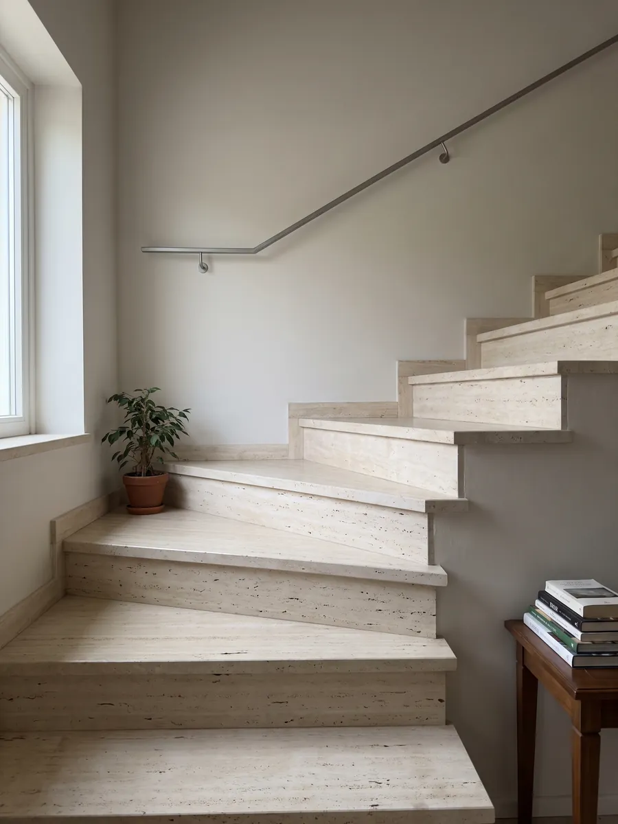 Escalera interior con peldaños de travertino beige Romano Claro con pasamanos: crema claro con líneas horizontales finas y pequeños poros alineados